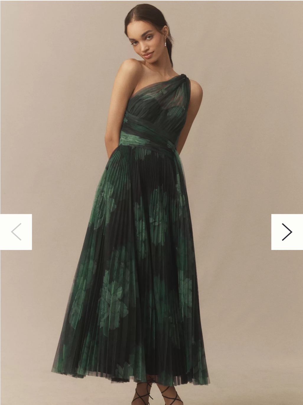 Hutch One-Shoulder Dark Green Floral Pleated Gown